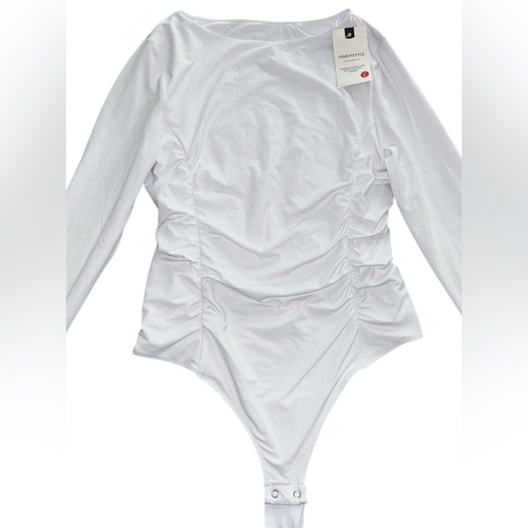 Long Sleeve Double Lines Slim fit Bodysuit White Size L - Picture 2 of 8